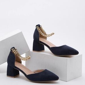 Point Toe Navy Ankle Strap Block Heels